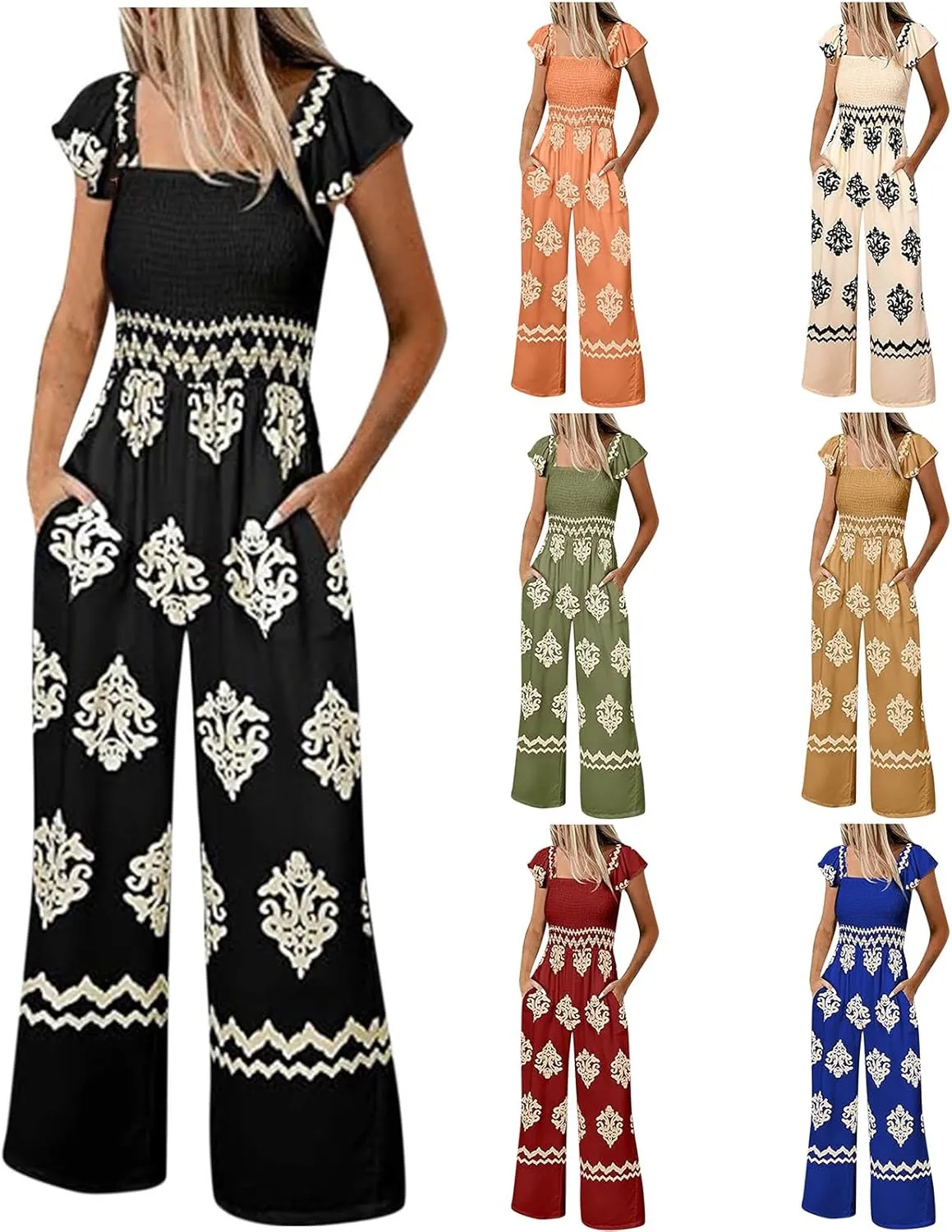 Boho Jumpsuits for Women Dressy Floral Wide Leg Jumpsuit Summer Short Sleeve Jumpsuit Square Neck Overalls with Pockets