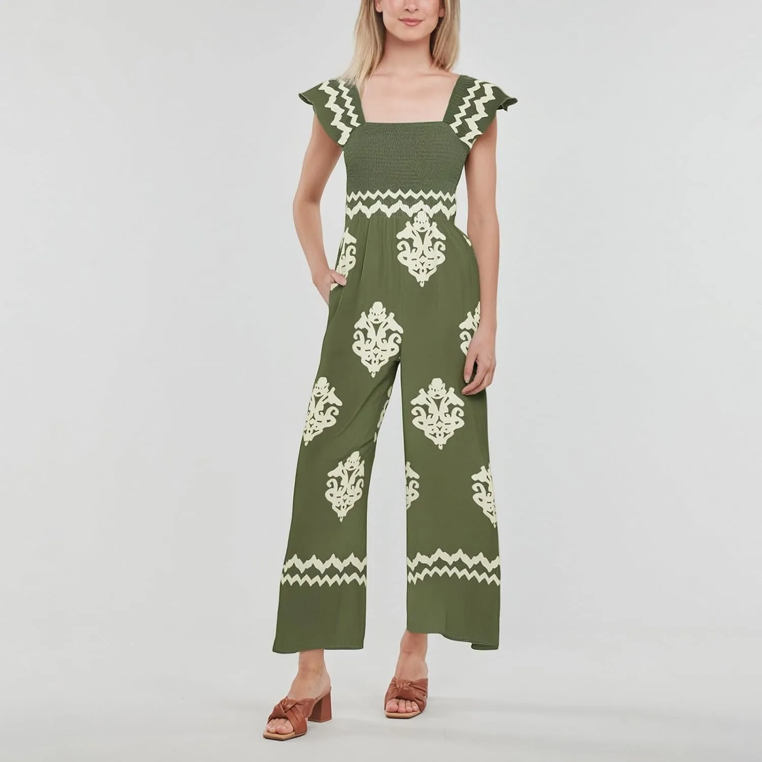 Boho Jumpsuits for Women Dressy Floral Wide Leg Jumpsuit Summer Short Sleeve Jumpsuit Square Neck Overalls with Pockets