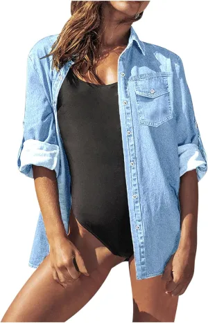 BTDECLAR Women Casual Blue Denim Jackets Distressed Roll Sleeve Lapel Button Down Shacket Jean Coat Trucker Jackets Outwear