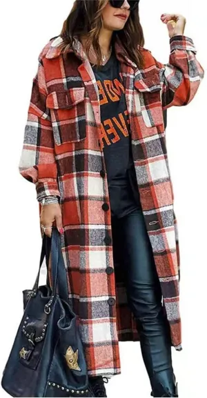 Canbebig Womens Oversized 2023 Plaid Shacket Jacket Lounge Button Down Wool Blend Fall Winter Tartan Trench Coat with Pockets