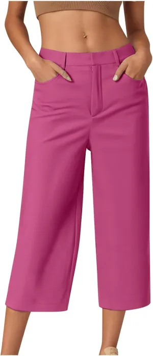 Capri Pants for Women Summer Cropped Pants Casual Business Pants Loose Comfy Work Pants Beach Trousers with Pockets