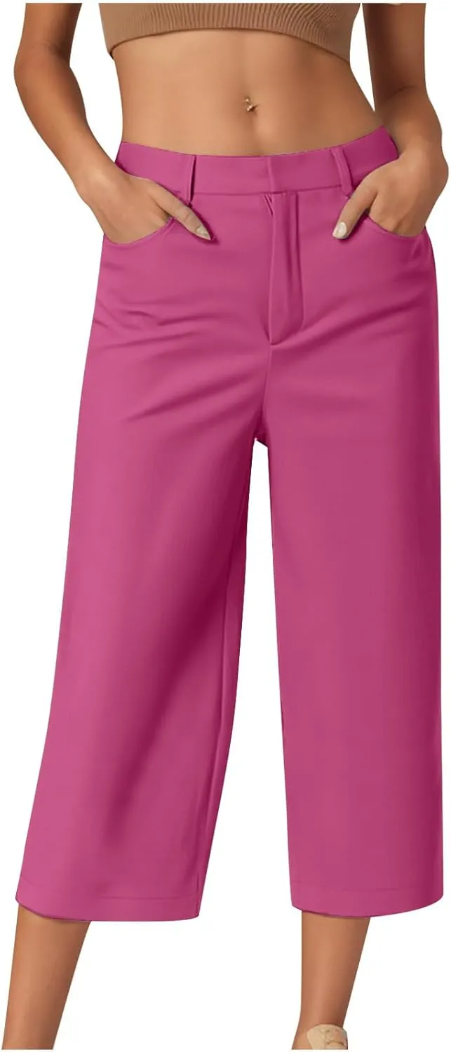 Capri Pants for Women Summer Cropped Pants Casual Business Pants Loose Comfy Work Pants Beach Trousers with Pockets