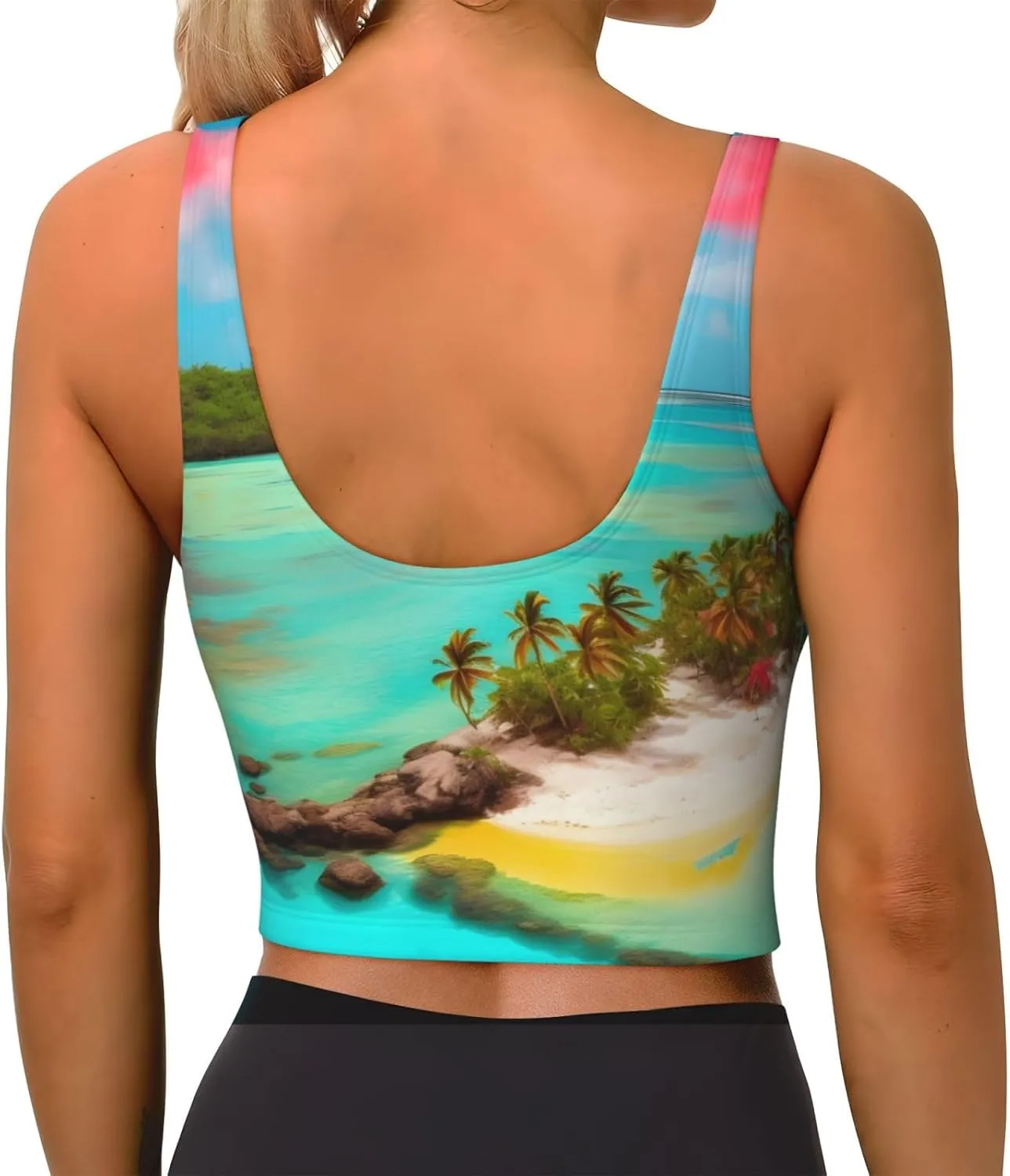 Caribbean Scenery Women's Sexy Sports Vest Sleeveless Athletic Gym T-Shirts Vest U-Shaped Back Quick Dry Top
