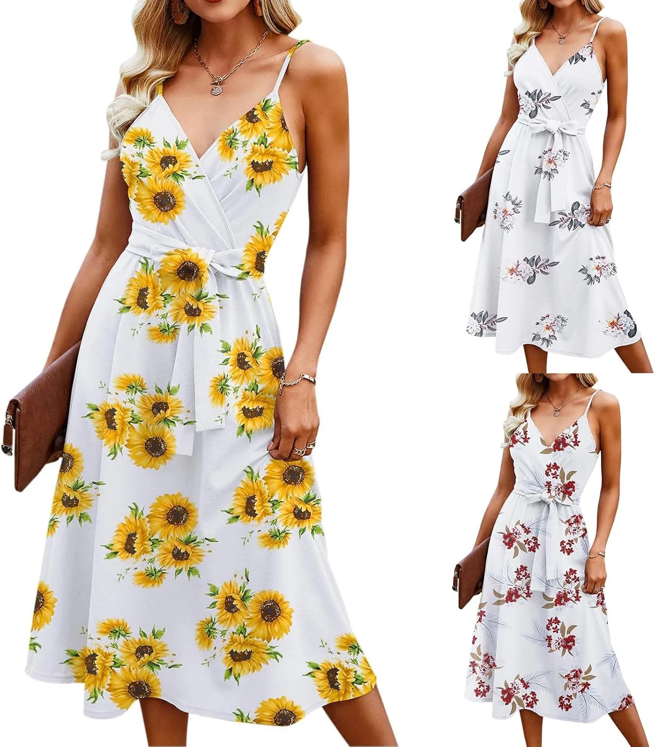 Casual Dresses for Women Spaghetti Strap Dress Sleeveless Dresses with Pockets Flowy Swing Shift Dresses Print Dress