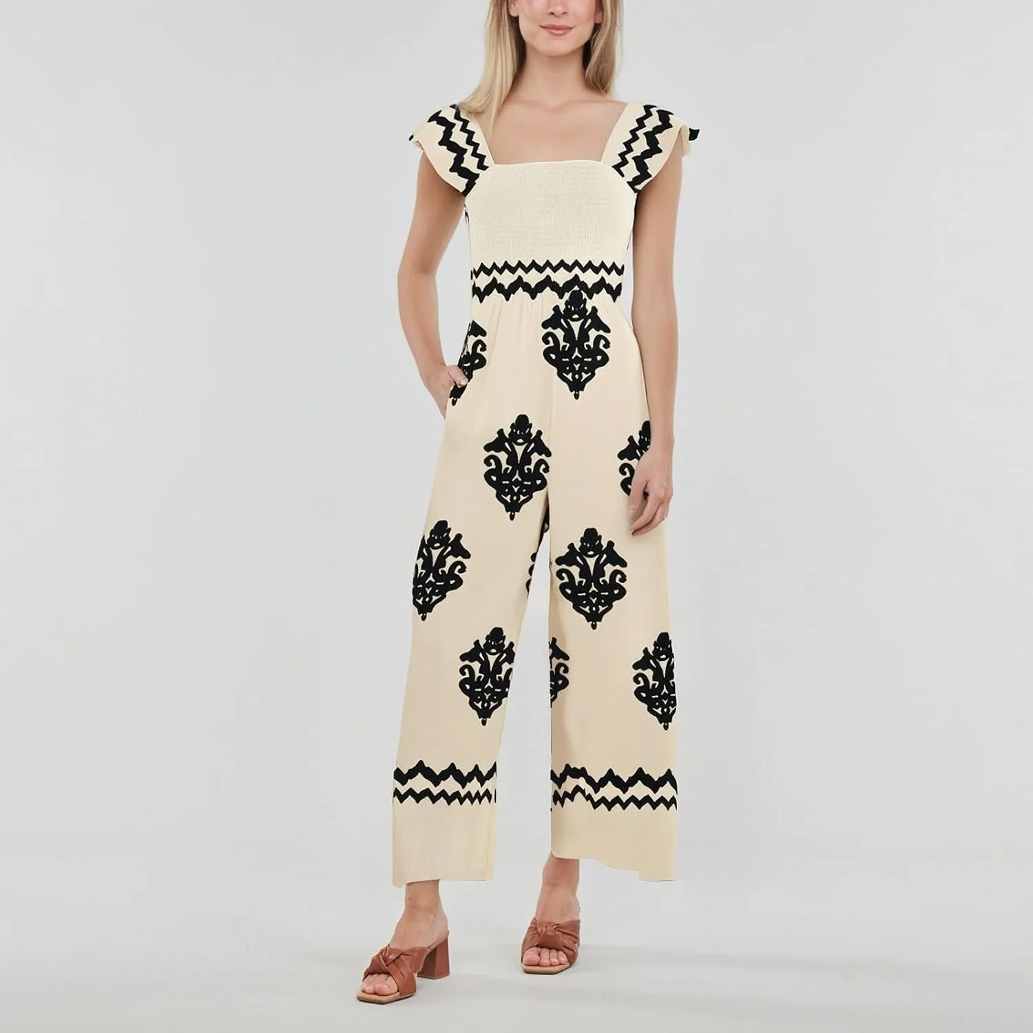 Casual Jumpsuits for Women 2025 Summer One Piece Sleeveless Print Wide Leg Rompers Beach Loose Overalls with Pockets