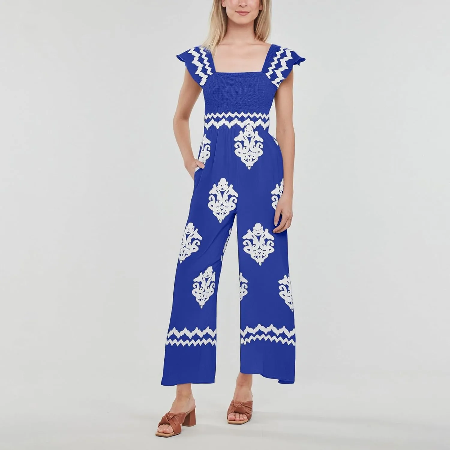 Casual Jumpsuits for Women 2025 Summer One Piece Sleeveless Print Wide Leg Rompers Beach Loose Overalls with Pockets