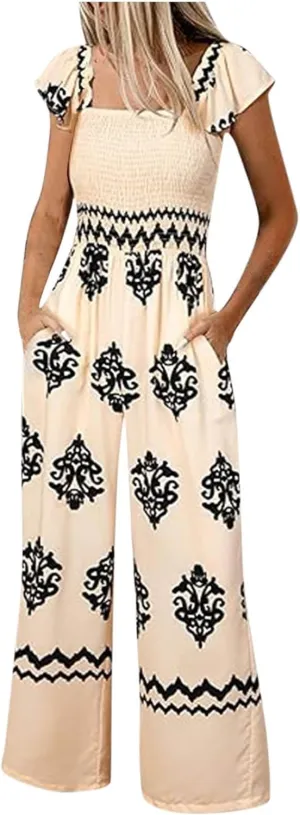 Casual Jumpsuits for Women 2025 Summer One Piece Sleeveless Print Wide Leg Rompers Beach Loose Overalls with Pockets