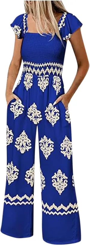 Casual Jumpsuits for Women 2025 Summer One Piece Sleeveless Print Wide Leg Rompers Beach Loose Overalls with Pockets