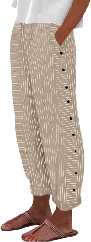 Casual Pants for Women High Waisted Striped Pants Pull On Trousers Pants Loose Straight Leg Cropped Pants with Pockets