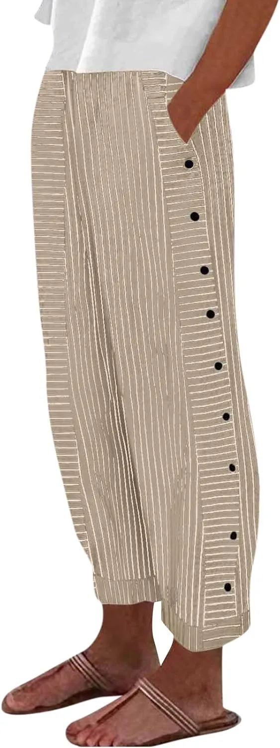 Casual Pants for Women High Waisted Striped Pants Pull On Trousers Pants Loose Straight Leg Cropped Pants with Pockets