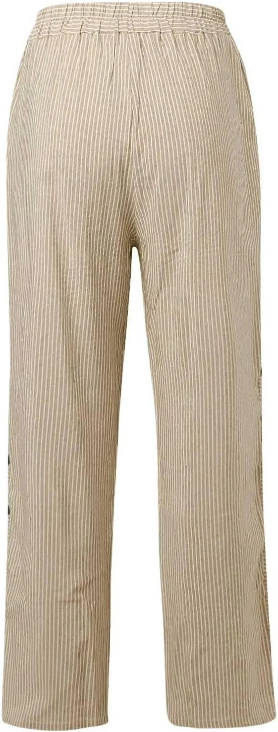 Casual Pants for Women High Waisted Striped Pants Pull On Trousers Pants Loose Straight Leg Cropped Pants with Pockets