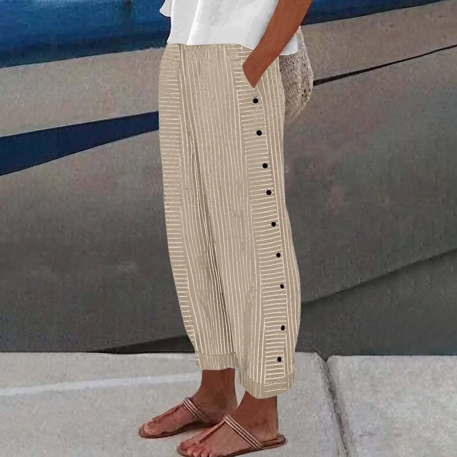 Casual Pants for Women High Waisted Striped Pants Pull On Trousers Pants Loose Straight Leg Cropped Pants with Pockets