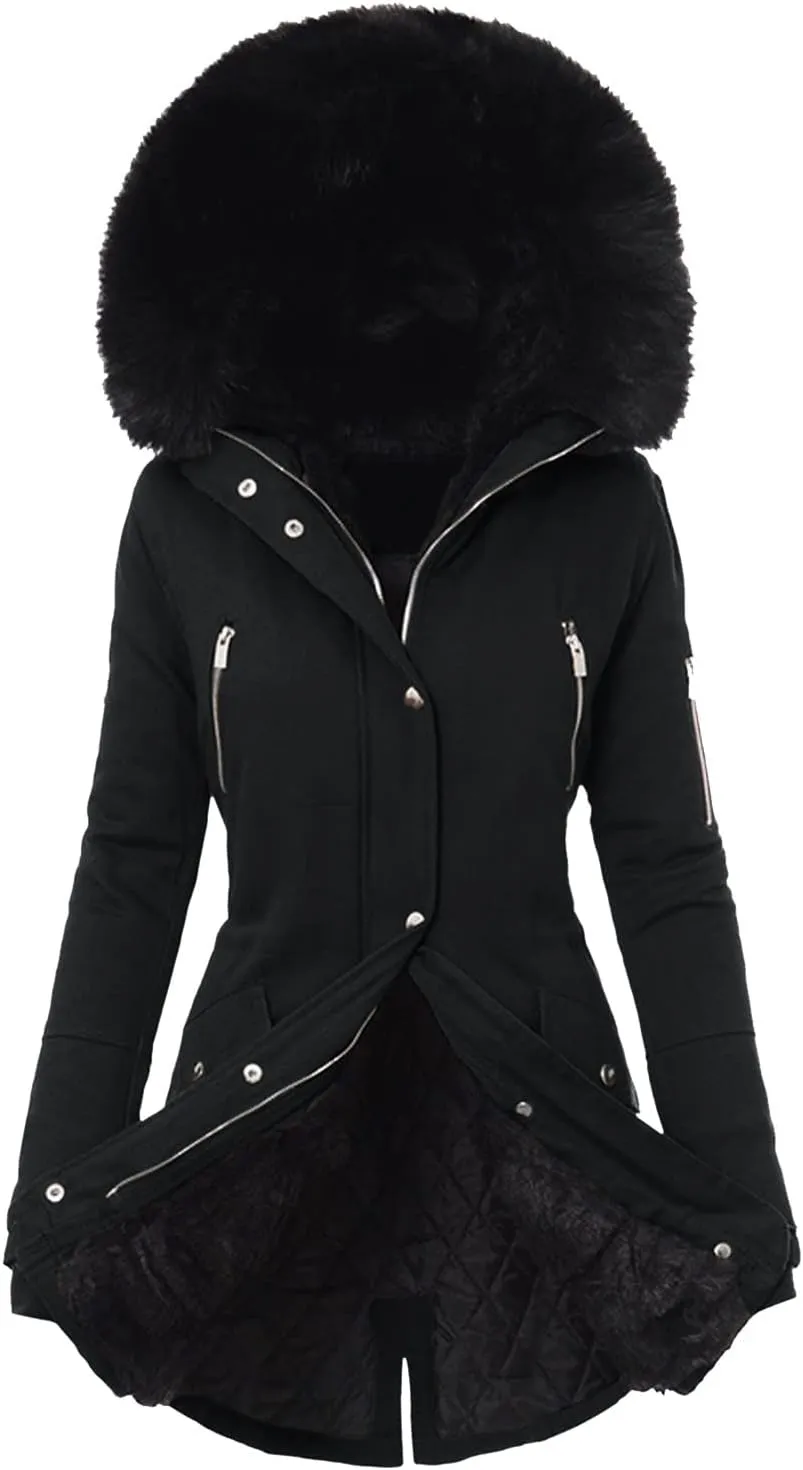 cooki Winter Coats for Women Fleece Lined Puffer Coat Women Long Down Coat Plus Size Windproof Warm Parkas Fur Hooded Jackets