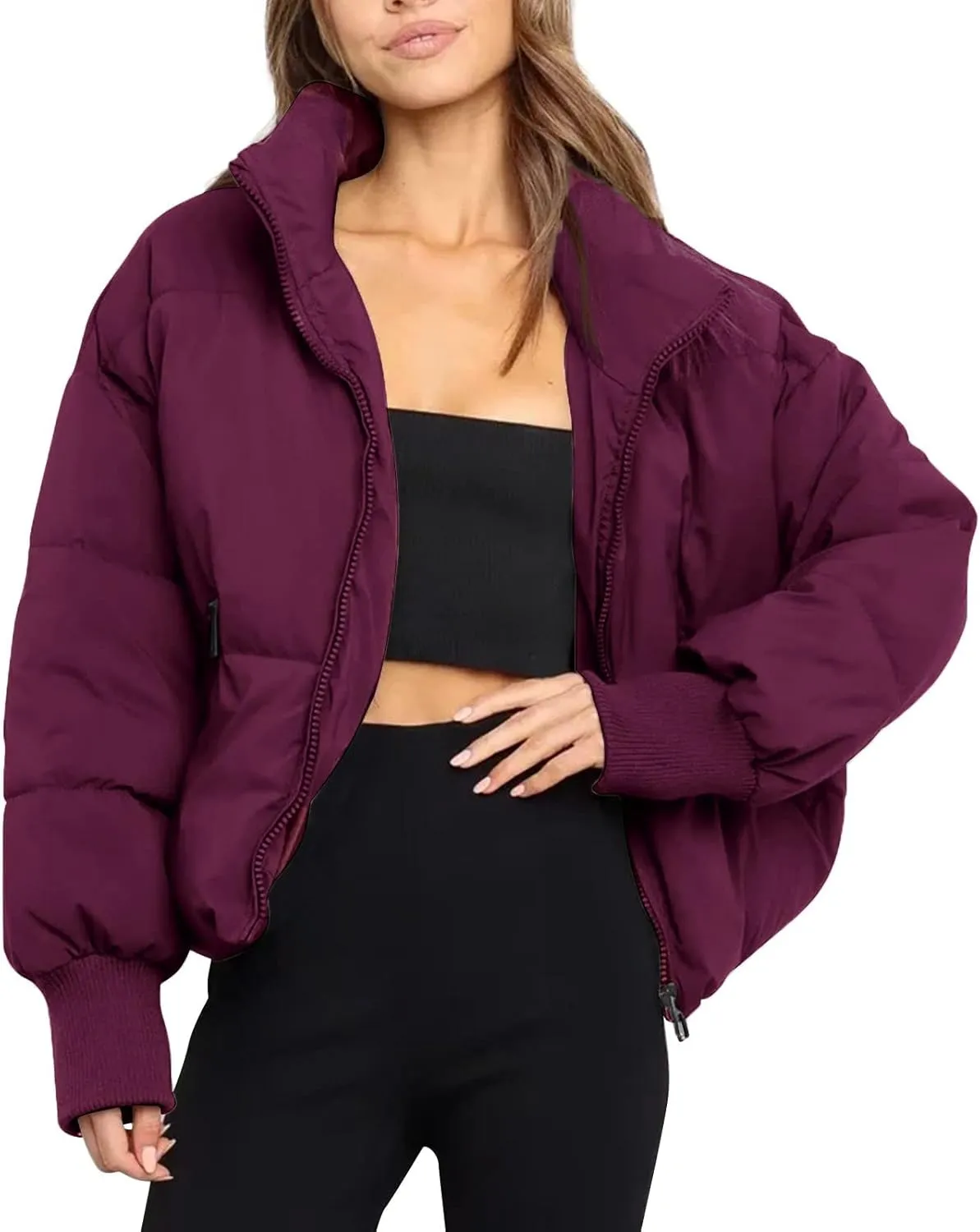 cooki Womens Winter Cropped Puffer Jacket Coat Casual Quilted Baggy Long Sleeve Down Jackets Zip up Warm Outerwear