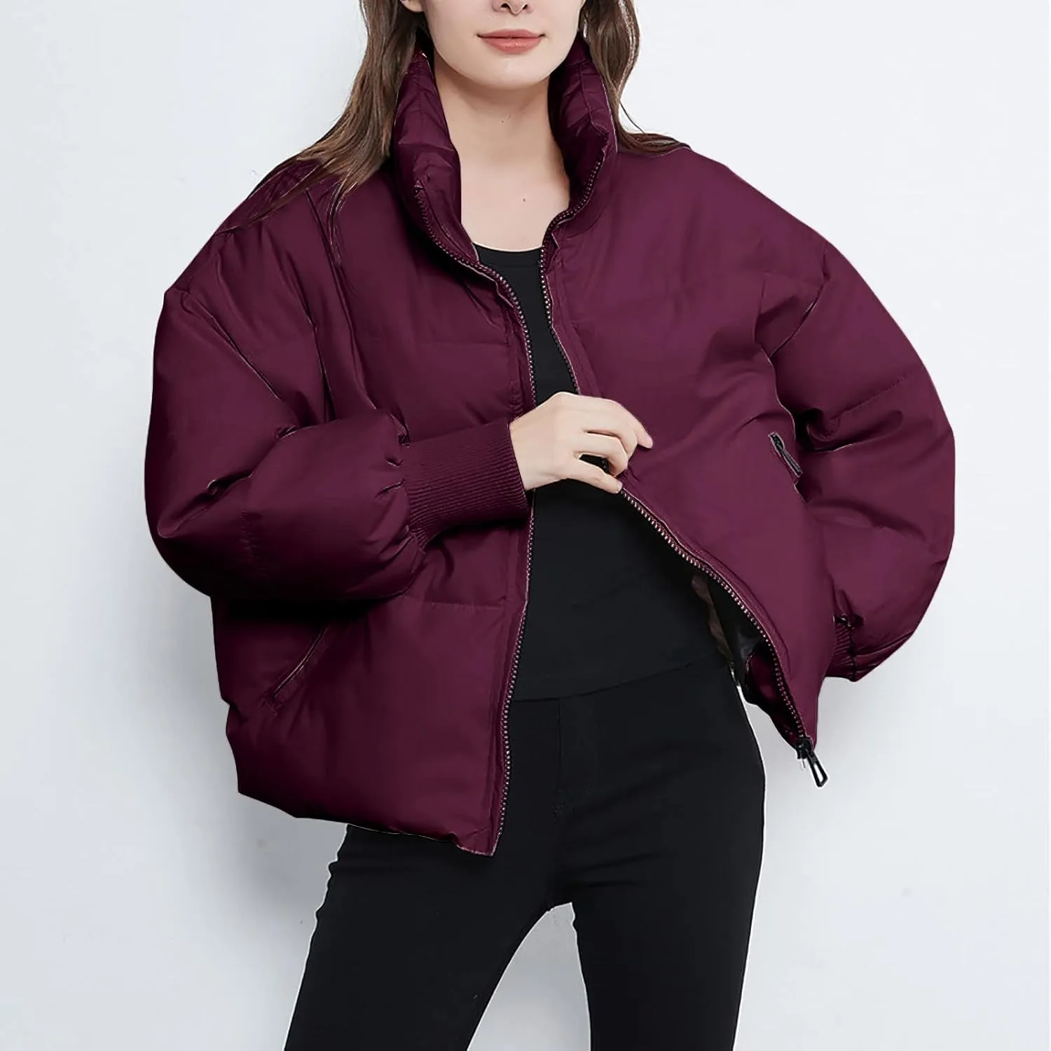 cooki Womens Winter Cropped Puffer Jacket Coat Casual Quilted Baggy Long Sleeve Down Jackets Zip up Warm Outerwear