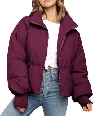 cooki Womens Winter Cropped Puffer Jacket Coat Casual Quilted Baggy Long Sleeve Down Jackets Zip up Warm Outerwear
