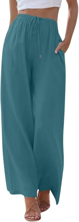 Cotton Linen Pants for Women Drawstring Flowy Wide Leg Pants Summer Casual Palazzo Pants Trendy Linen Pants