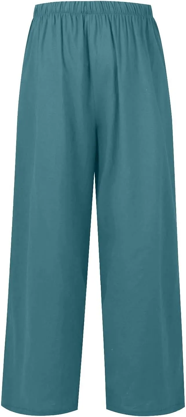 Cotton Linen Pants for Women Drawstring Flowy Wide Leg Pants Summer Casual Palazzo Pants Trendy Linen Pants
