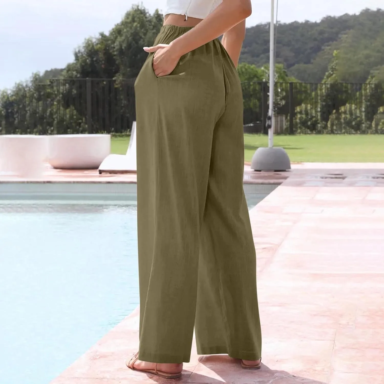 Cotton Linen Pants for Women Drawstring Flowy Wide Leg Pants Summer Casual Palazzo Pants Trendy Linen Pants
