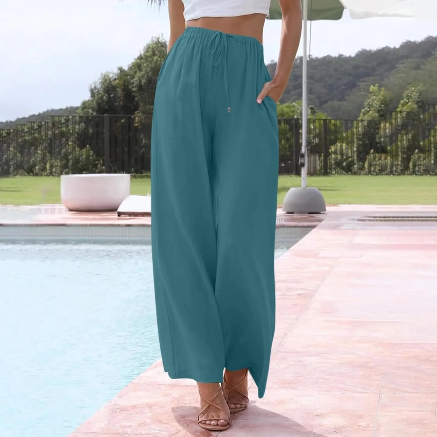 Cotton Linen Pants for Women Drawstring Flowy Wide Leg Pants Summer Casual Palazzo Pants Trendy Linen Pants