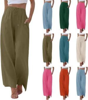 Cotton Linen Pants for Women Drawstring Flowy Wide Leg Pants Summer Casual Palazzo Pants Trendy Linen Pants