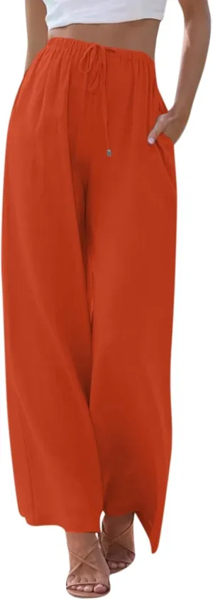 Cotton Linen Pants for Women Drawstring Flowy Wide Leg Pants Summer Casual Palazzo Pants Trendy Linen Pants
