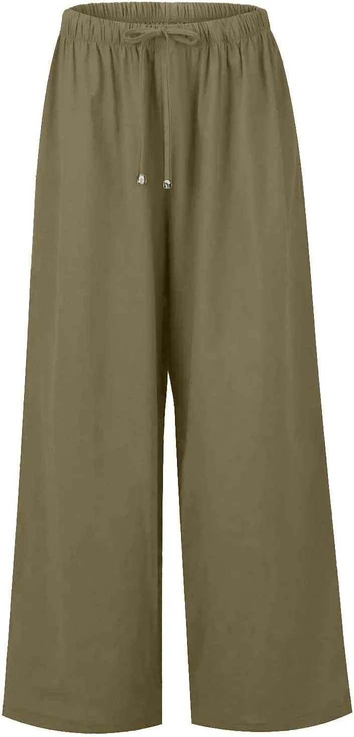 Cotton Linen Pants for Women Drawstring Flowy Wide Leg Pants Summer Casual Palazzo Pants Trendy Linen Pants