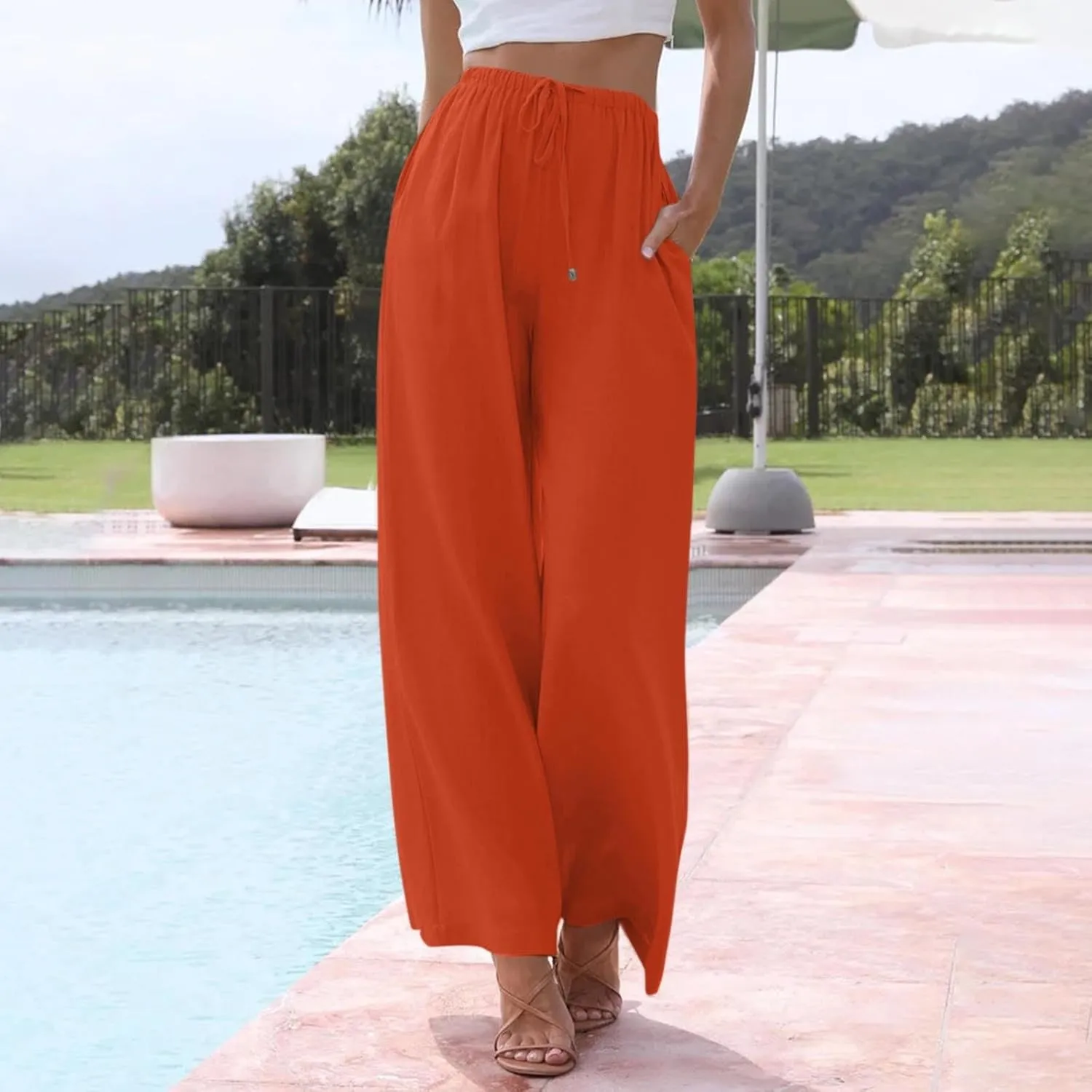 Cotton Linen Pants for Women Drawstring Flowy Wide Leg Pants Summer Casual Palazzo Pants Trendy Linen Pants