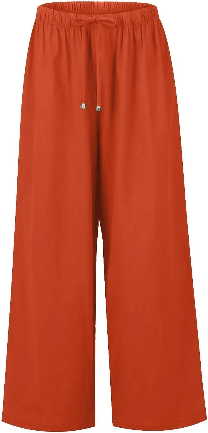 Cotton Linen Pants for Women Drawstring Flowy Wide Leg Pants Summer Casual Palazzo Pants Trendy Linen Pants