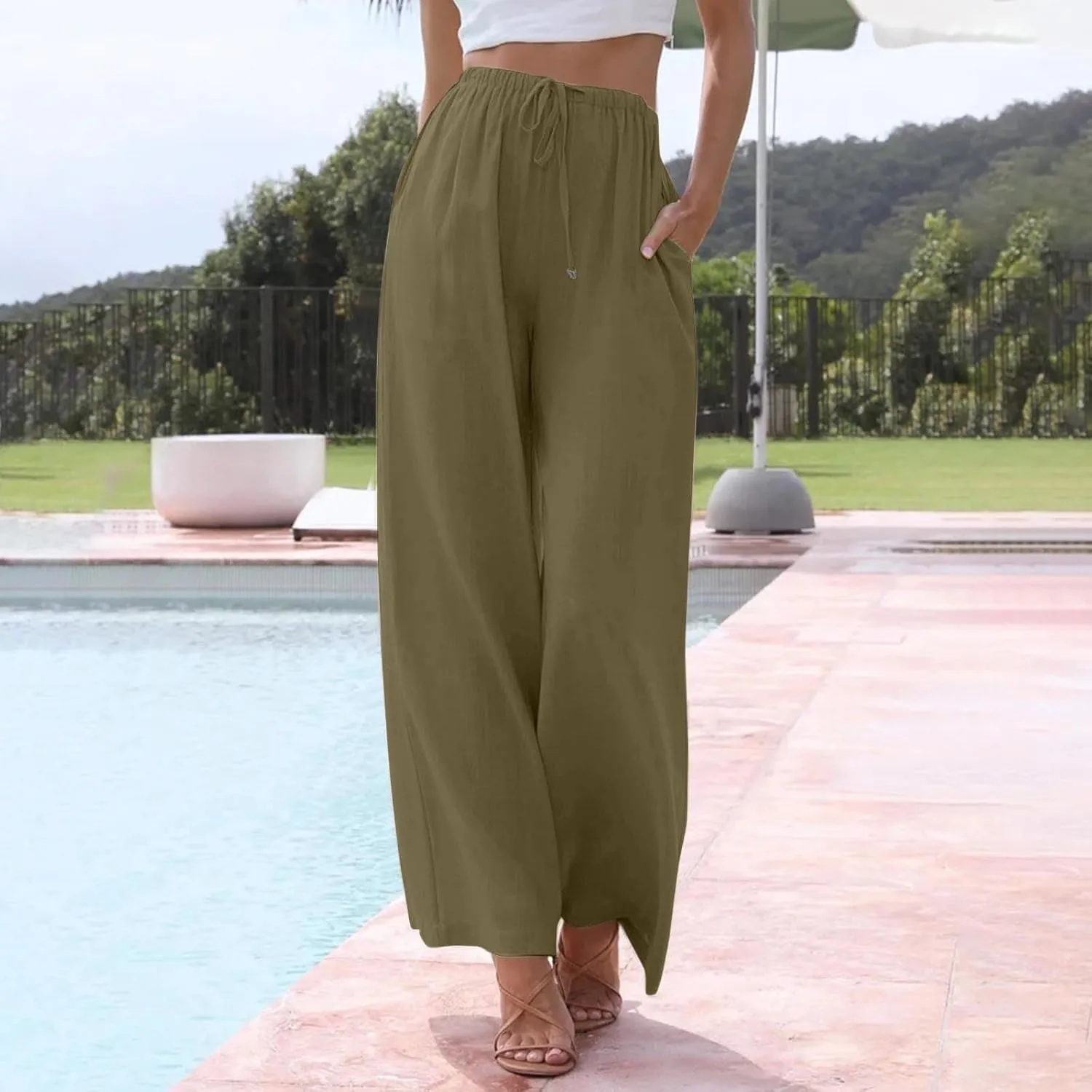 Cotton Linen Pants for Women Drawstring Flowy Wide Leg Pants Summer Casual Palazzo Pants Trendy Linen Pants
