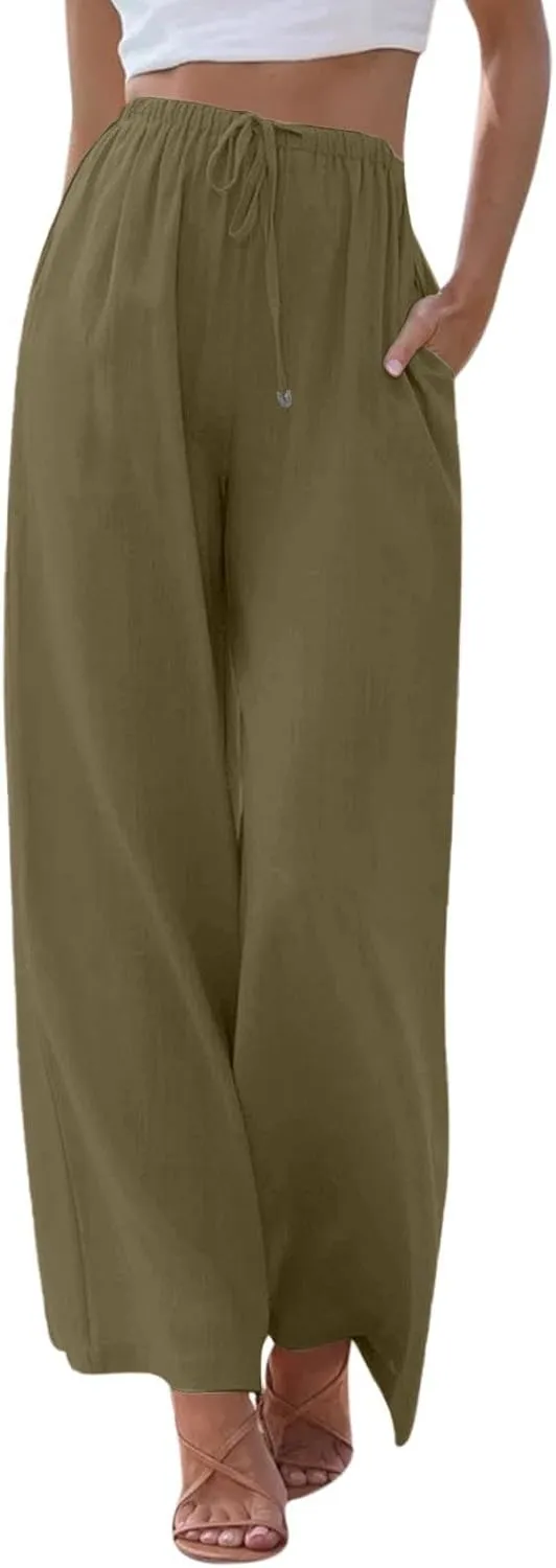 Cotton Linen Pants for Women Drawstring Flowy Wide Leg Pants Summer Casual Palazzo Pants Trendy Linen Pants