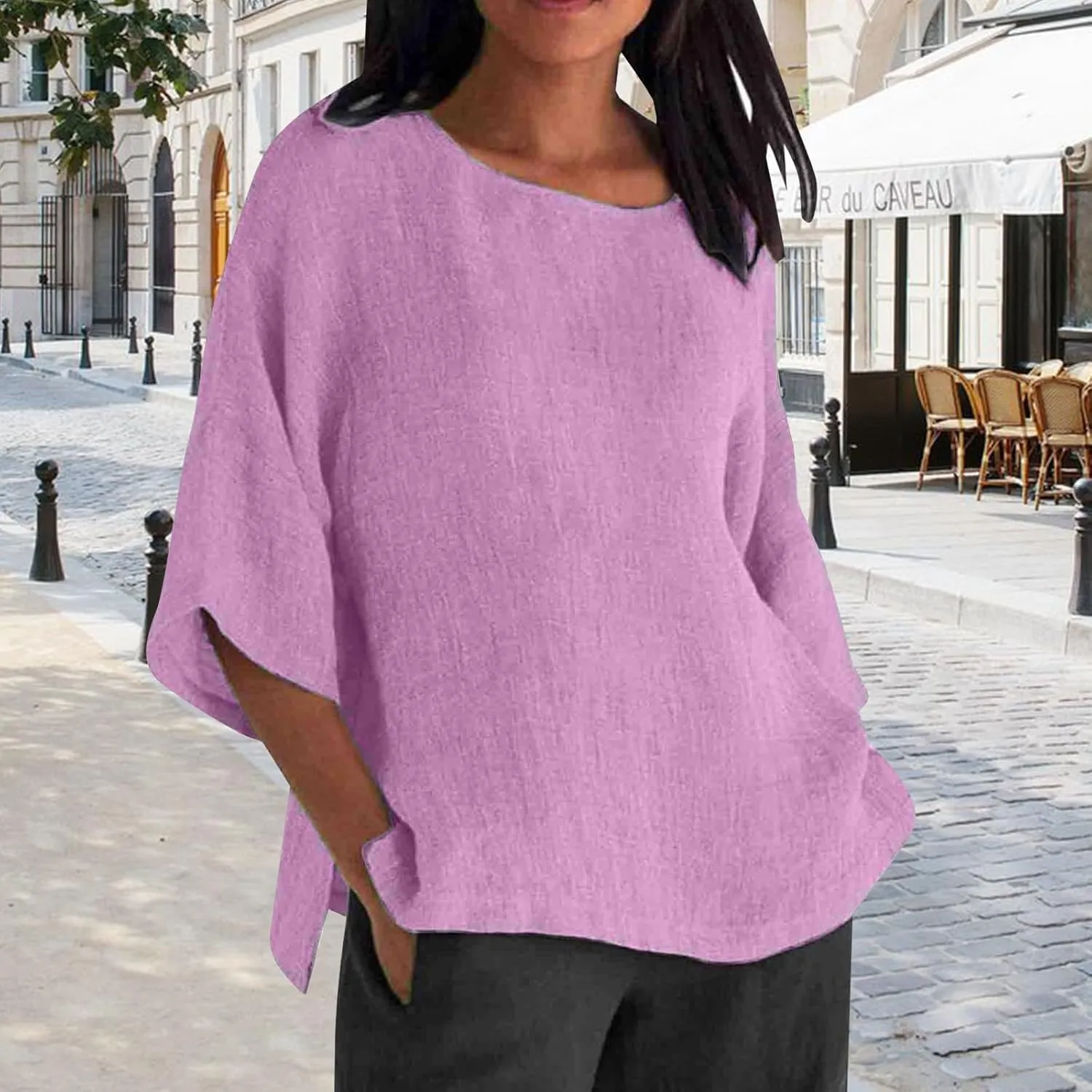 Cotton Linen Shirt for Women 2025 Vacation Summer Loose Fit Casual 3/4 Sleeve Tops Tshirt Cotton Blouse Basic Tees