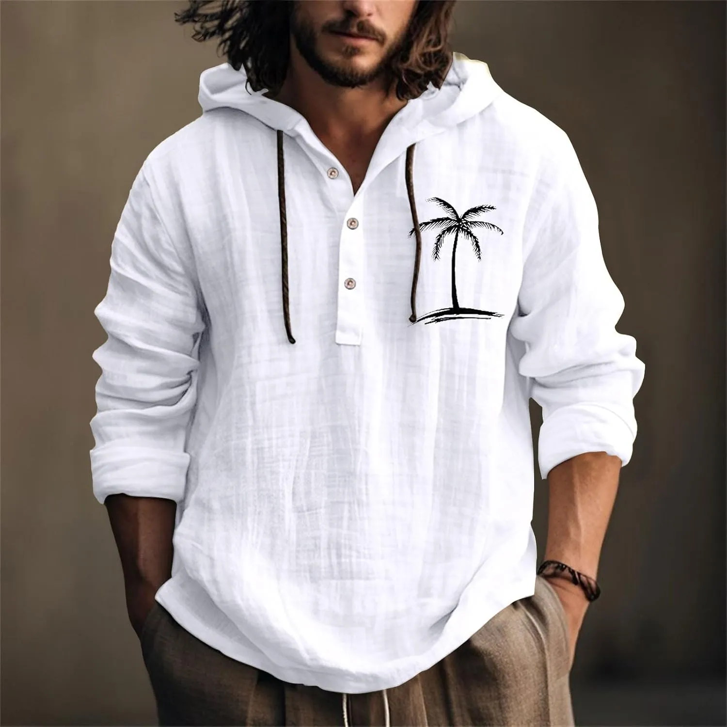 Cotton Linen Shirts for Men Trendy Tropical Beach Palm Print Cuban Guayabera Shirt Retro Long Sleeve Summer Tops
