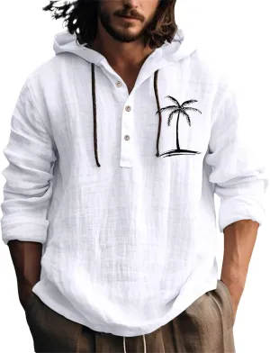Cotton Linen Shirts for Men Trendy Tropical Beach Palm Print Cuban Guayabera Shirt Retro Long Sleeve Summer Tops