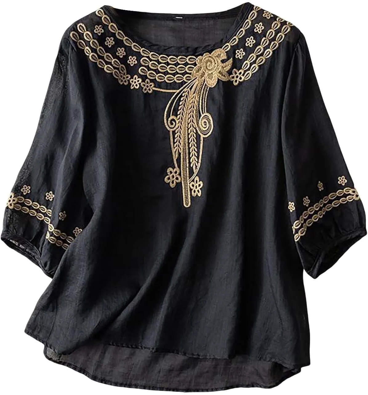 Cotton Linen Shirts for Women 2025 Trendy Summer Floral Embroidered 3/4 Sleeve Flowy Blouse Dressy Casual Boho Tops