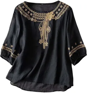 Cotton Linen Shirts for Women 2025 Trendy Summer Floral Embroidered 3/4 Sleeve Flowy Blouse Dressy Casual Boho Tops