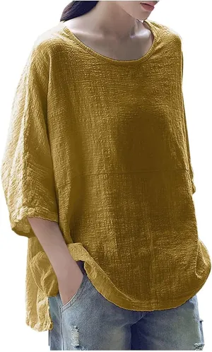 Cotton Linen Shirts for Women Solid Color 3/4 Sleeve Tops Summer Casual Round Neck Blouses 2025 Ladies Tunic Tshirt