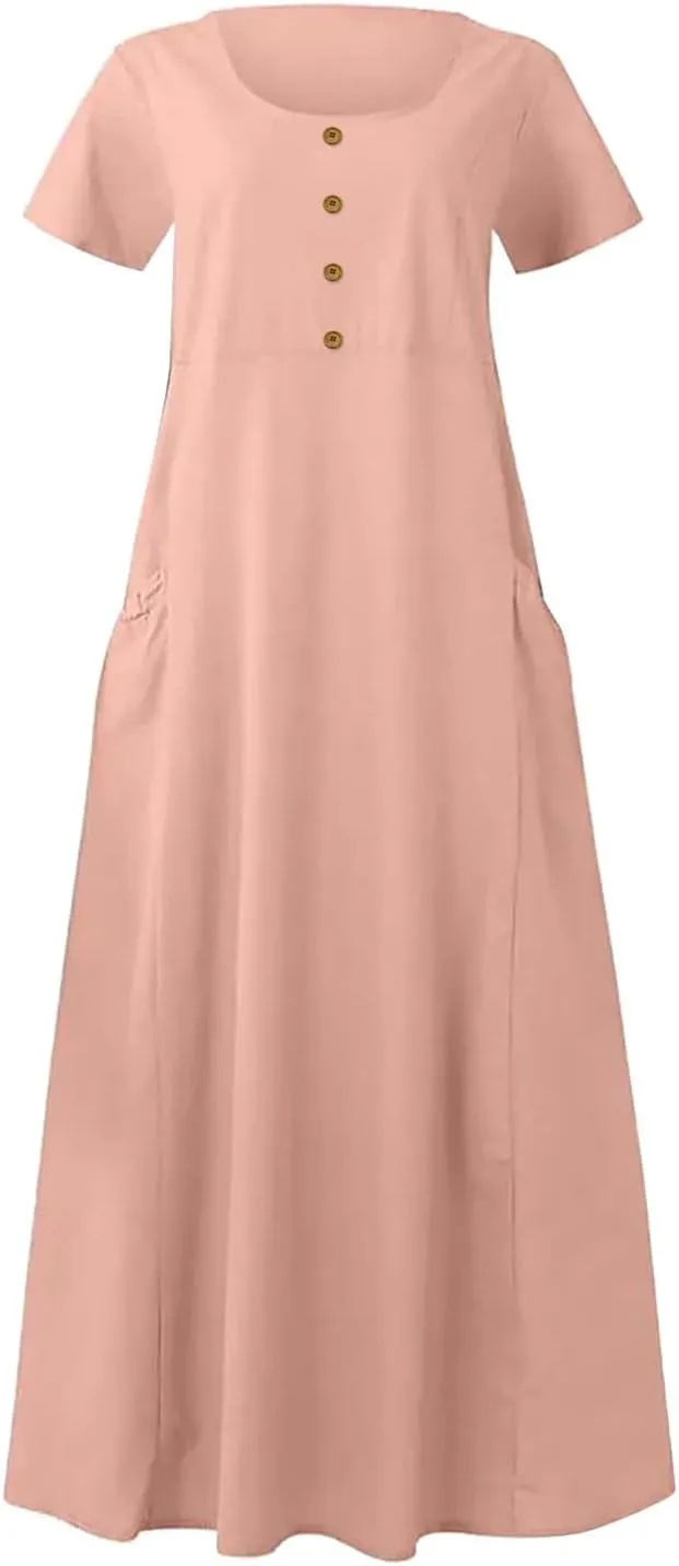 Cotton Linen Summer Maxi Dresses for Women 2025 Vacation Button Down Shift Dresses with Pockets Long Flowy Dresses