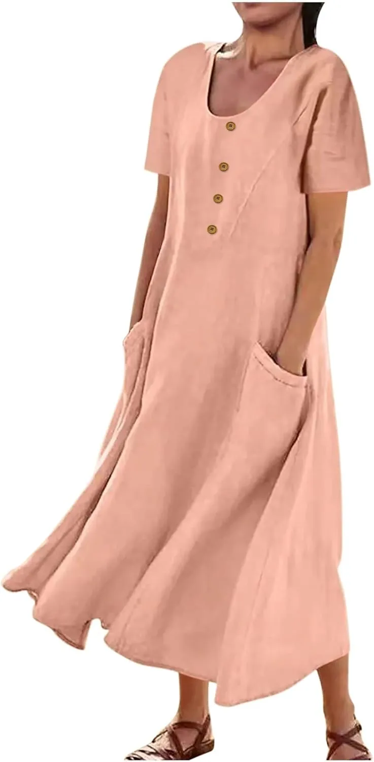 Cotton Linen Summer Maxi Dresses for Women 2025 Vacation Button Down Shift Dresses with Pockets Long Flowy Dresses
