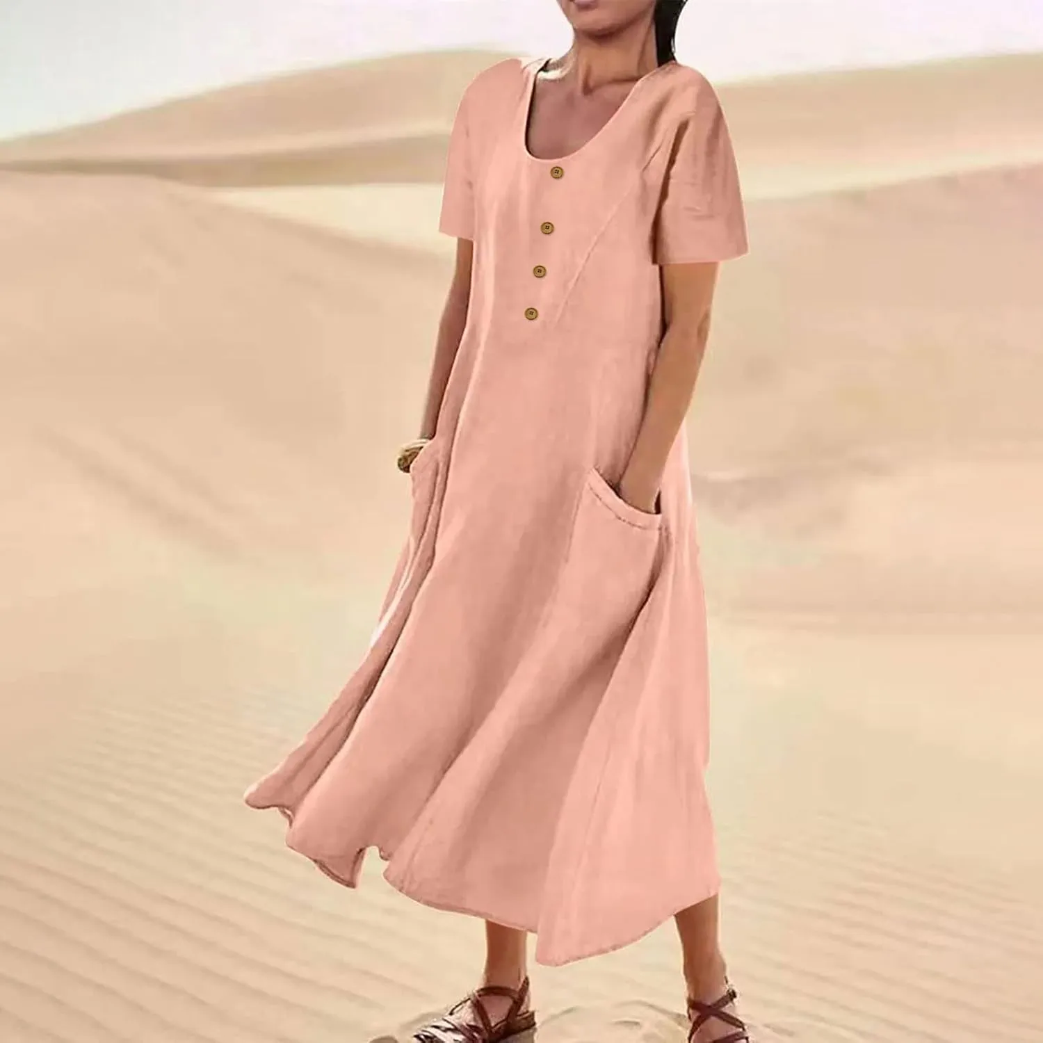 Cotton Linen Summer Maxi Dresses for Women 2025 Vacation Button Down Shift Dresses with Pockets Long Flowy Dresses