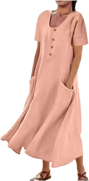 Cotton Linen Summer Maxi Dresses for Women 2025 Vacation Button Down Shift Dresses with Pockets Long Flowy Dresses