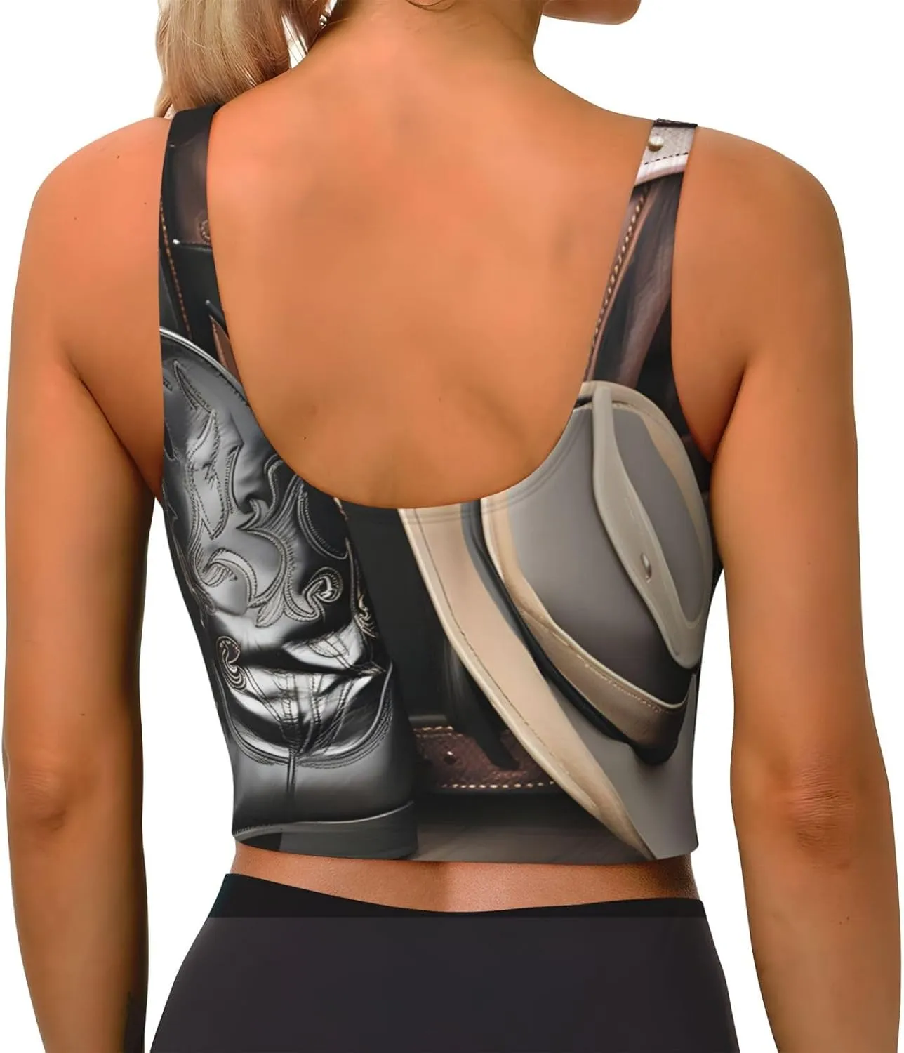 Cowboy Black Hat Western Boots Women's Sexy Sports Vest Sleeveless Athletic Gym T-Shirts Vest U-Shaped Back Top