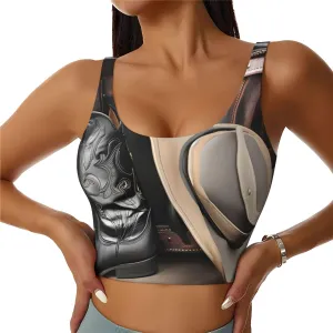 Cowboy Black Hat Western Boots Women's Sexy Sports Vest Sleeveless Athletic Gym T-Shirts Vest U-Shaped Back Top