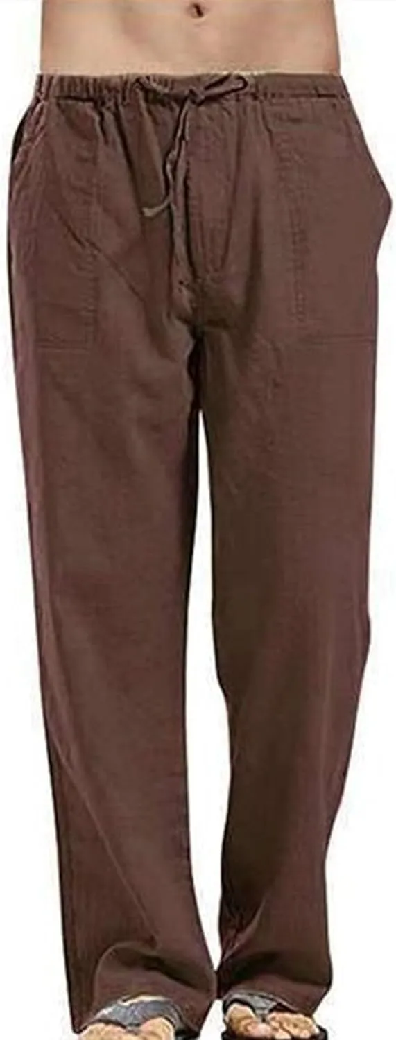 DGHM-JLMY Mens Lightweight Breathable Linen Trousers Casual Elastic Waist Beach Pants Solid Color Sports Pant with Pockets