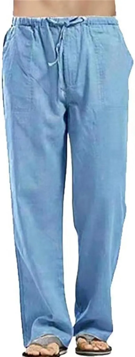 DGHM-JLMY Mens Lightweight Breathable Linen Trousers Casual Elastic Waist Beach Pants Solid Color Sports Pant with Pockets