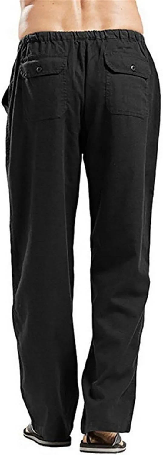 DGHM-JLMY Mens Lightweight Breathable Linen Trousers Casual Elastic Waist Beach Pants Solid Color Sports Pant with Pockets
