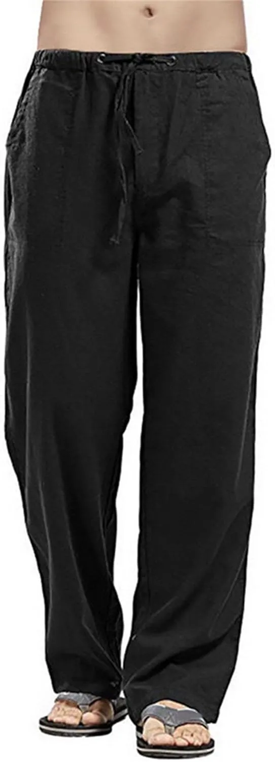 DGHM-JLMY Mens Lightweight Breathable Linen Trousers Casual Elastic Waist Beach Pants Solid Color Sports Pant with Pockets