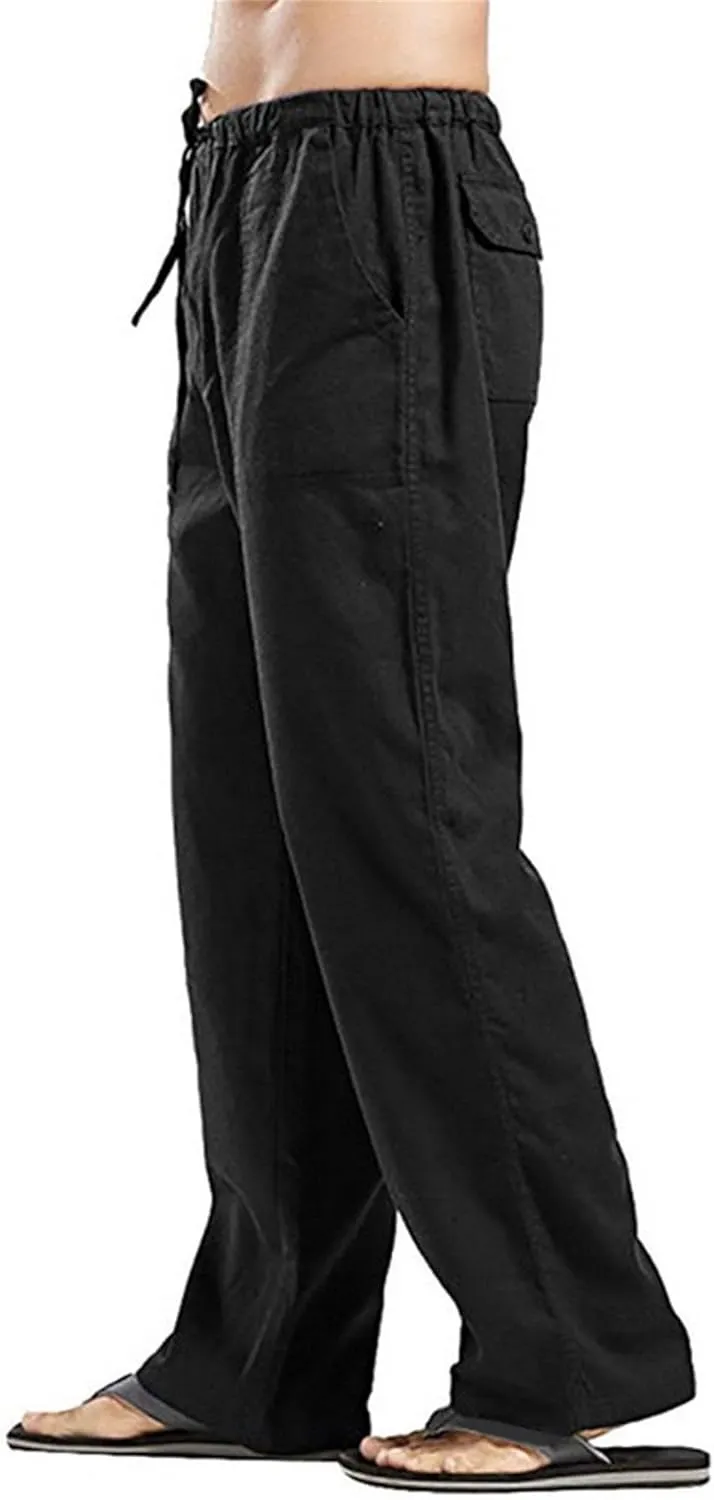 DGHM-JLMY Mens Lightweight Breathable Linen Trousers Casual Elastic Waist Beach Pants Solid Color Sports Pant with Pockets