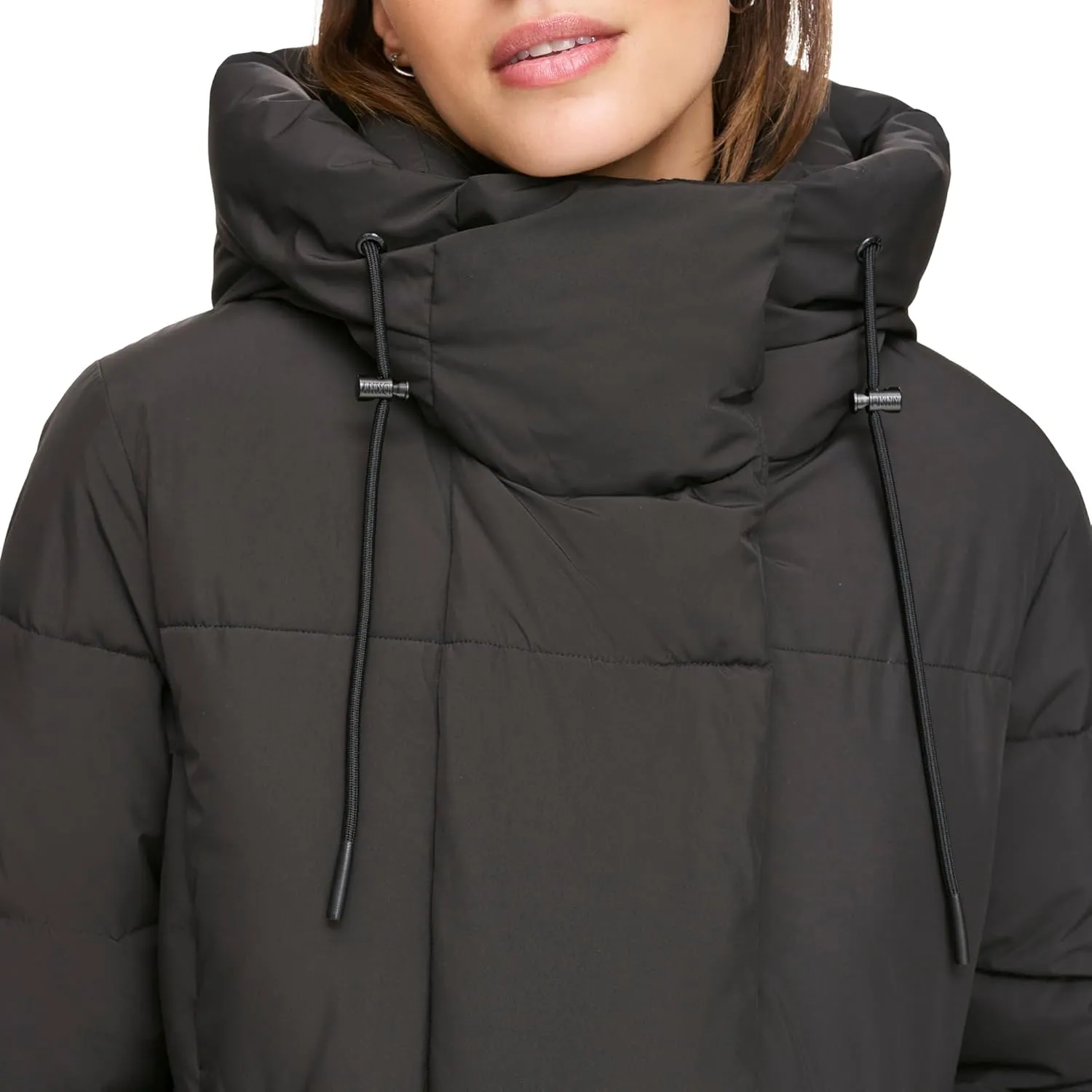DKNY Womens Hooded Long Down Alternative Puffer Jacket