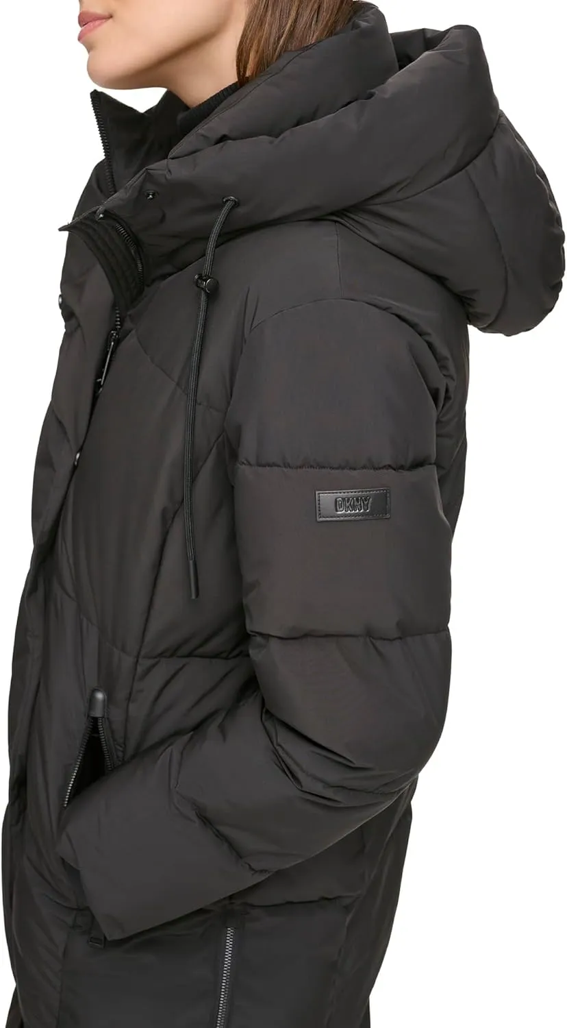 DKNY Womens Hooded Long Down Alternative Puffer Jacket